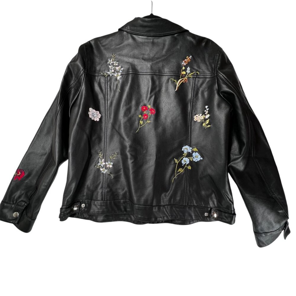 Christopher & Banks Black Faux Leather Jacket Floral Embroidery Snap Zip Large - Picture 2 of 16